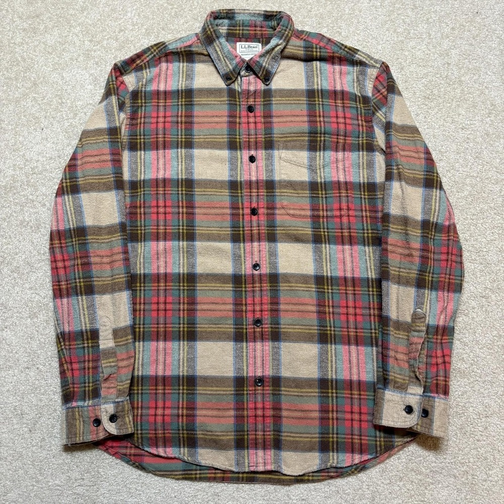 LL Bean Shirt Mens Large Multicolor Plaid Flannel Button Down Long Sleeve Fitted